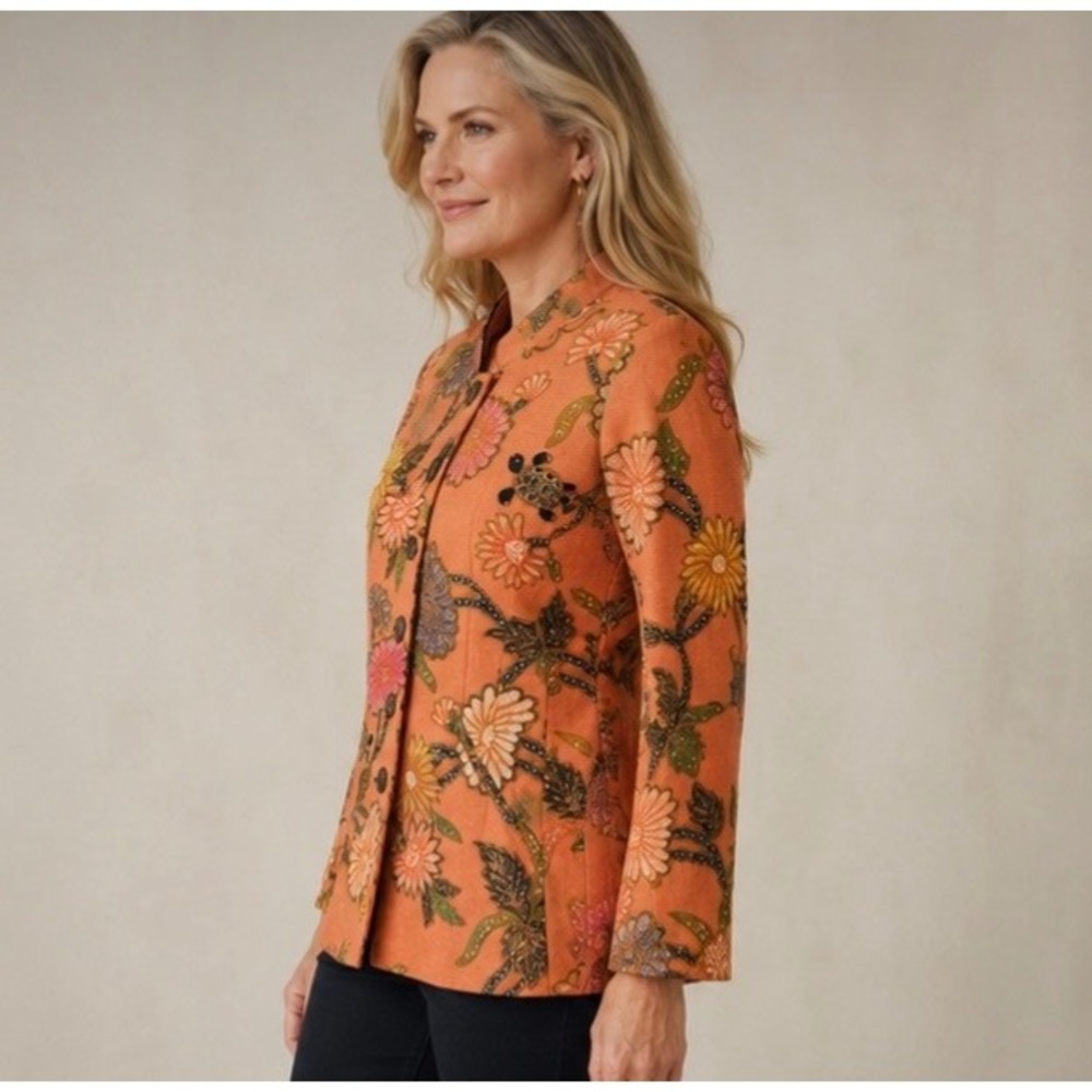 Quadrille New York Vintage Women's Orange Floral Print Mandarin Collar Jacket 6